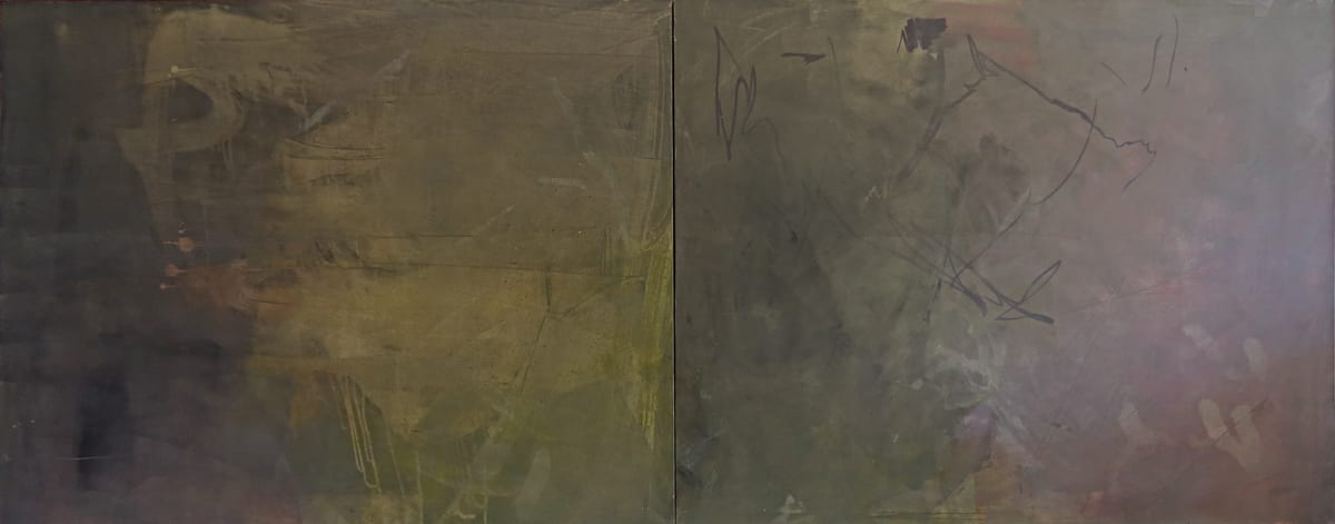 Two-panel painting, ten feet wide, in muted olive, mauve and smoke. Faint scratched lines and ghosted shapes surface through thin washes; the left panel warms to yellow-green, the right cools to grey-violet.