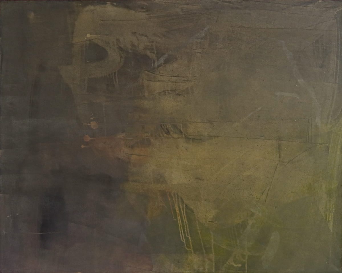 Left panel. Thin olive and umber washes over a dark ground, scratched and scraped so that earlier marks show faintly through, with a small warm orange note near the centre left.