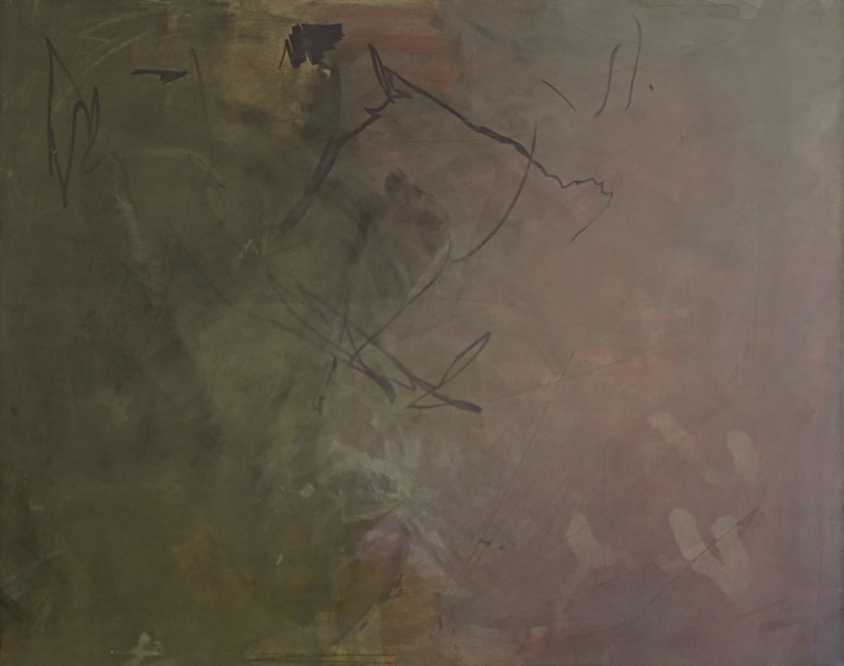 Right panel. Olive green on the left dissolves into grey-mauve on the right. A few quick dark linear marks sit across the upper half, and a small black shape breaks the top edge.