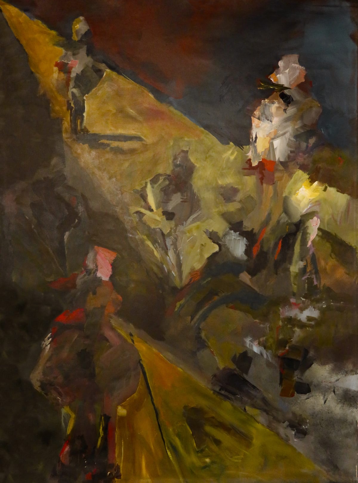 Tall painting in ochre, olive and deep brown. Loosely painted figures climb a bright yellow diagonal that cuts the canvas from the lower left to the upper right, with flashes of red at their edges.