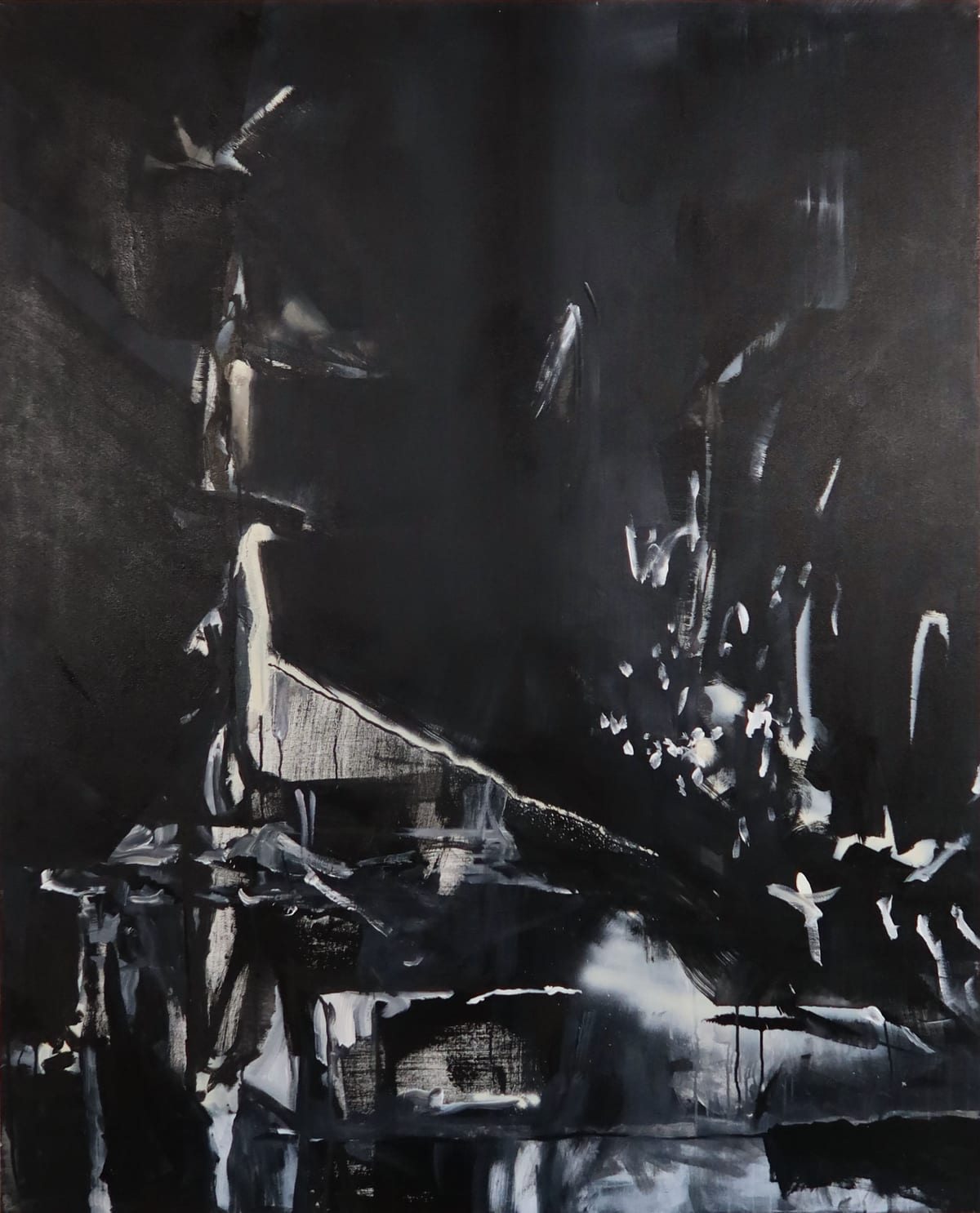 Near-monochrome painting in black, charcoal and white. White strokes flare out of the darkness in the lower half like light on water; the upper half stays almost entirely black.