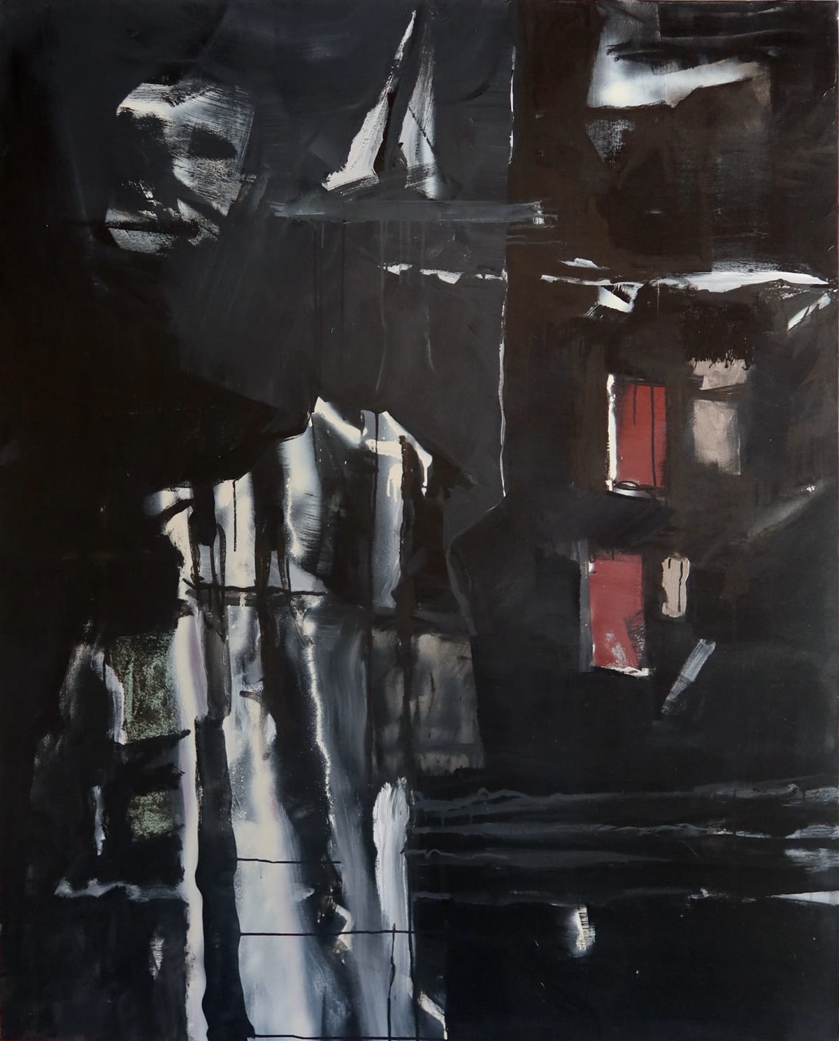 Dark painting suggesting a night street. Vertical white and grey reflections run down the left; on the right, a single saturated red rectangle glows like a lit doorway in a black facade.