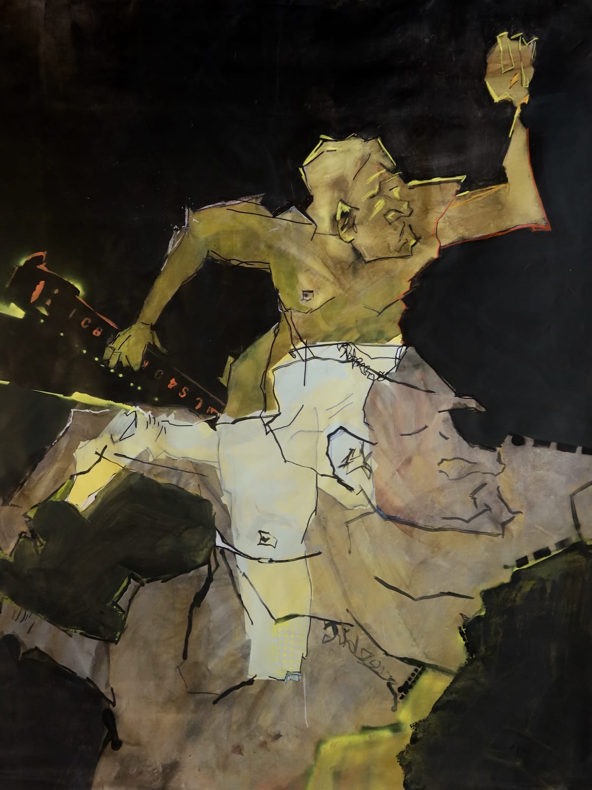 Large painting of a guitarist against black. The figure is built from olive, ochre and white planes with quick dark contour lines, one arm raised, the guitar neck angled sharply down to the left.