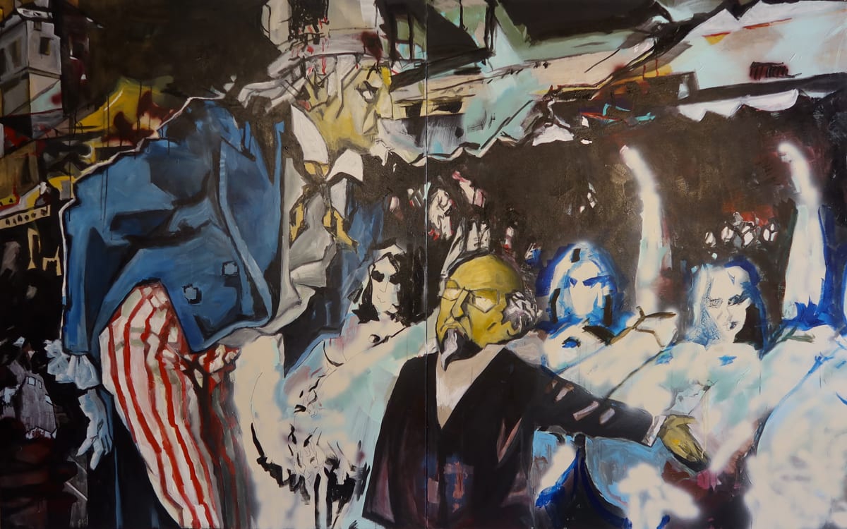 Eight-foot-wide painting of a crowd. A large blue and red-striped flag-like form fills the left; a yellow-faced figure in black stands at the centre with arms out, surrounded by pale and blue painted faces against a dark ground.