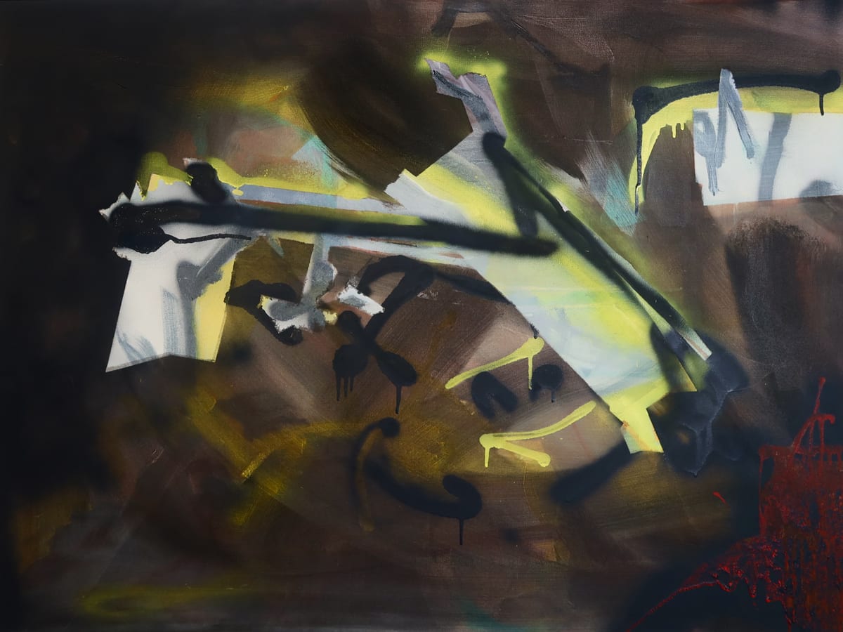Dark brown and black field cut by fast acid-yellow and pale blue strokes. Heavy black gestural lines run corner to corner with visible drips; a dense red mass sits in the lower right corner.