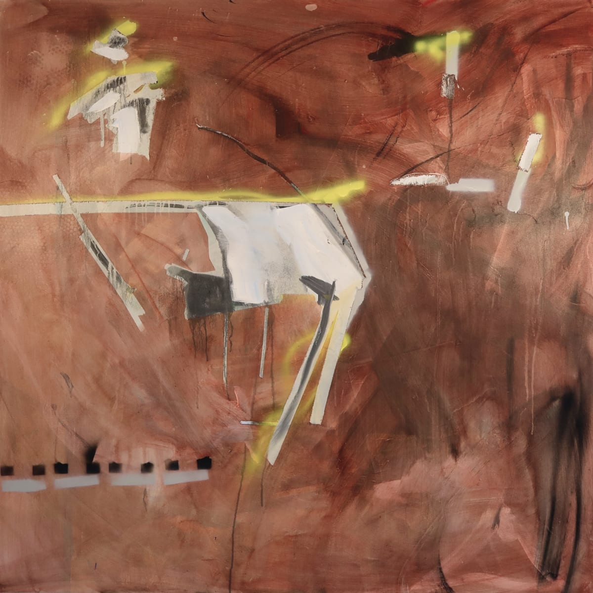 Square painting on a rust-red washed ground. Chalk-white and pale grey shapes drift across it with thin dark lines trailing downward, and a dashed black-and-white band runs along the lower left edge.