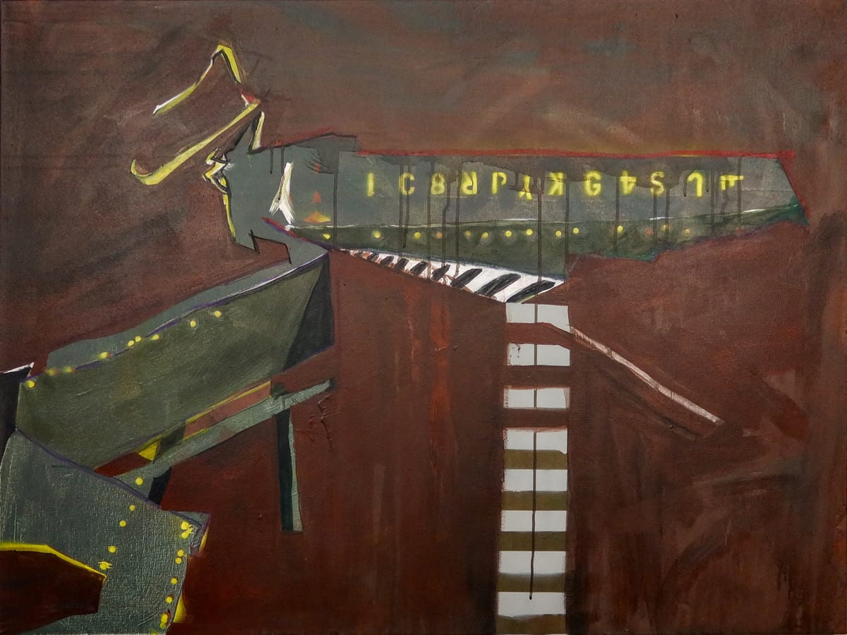 Abstract painting on a deep oxblood ground. A grey-green angular form crosses the upper half, marked with a row of small yellow lights and reversed lettering. A ladder-like band of white rungs climbs from the lower edge.