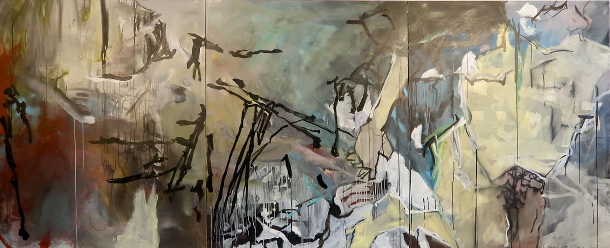 Three-panel painting, twelve feet wide, in silver-grey, bone white and pale green. Black branching marks and long drips run across all three panels; a burnt orange passage anchors the far left.