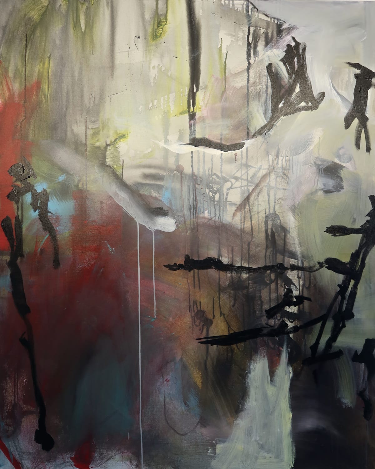 Left panel. A red passage rises through the lower left against pale grey and bone; black strokes hang across the surface and a single white drip runs the full height of the canvas.