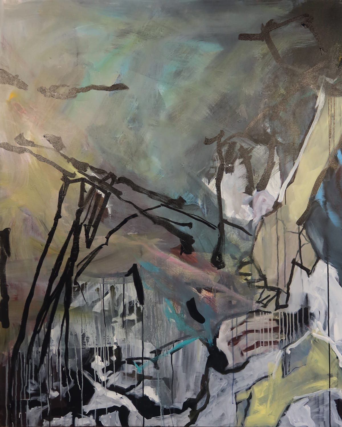 Centre panel. Thin black armatures lean up from the lower edge into a soft green and grey sky, with teal and pale yellow breaking through and white scraped areas near the base.