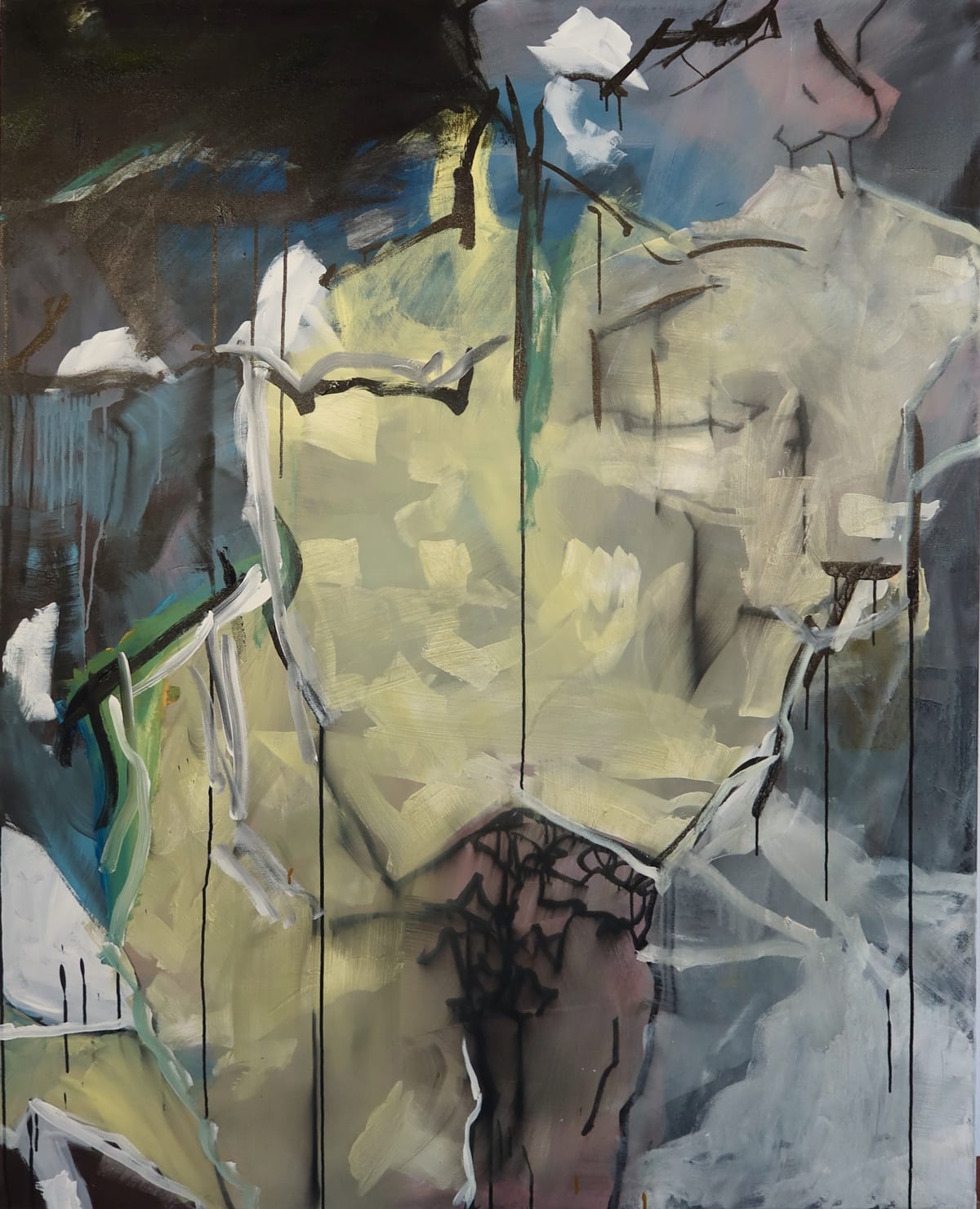 Right panel. A large pale yellow-green mass fills the centre against dark blue-black, with white and teal edges and long dark drips falling through it.